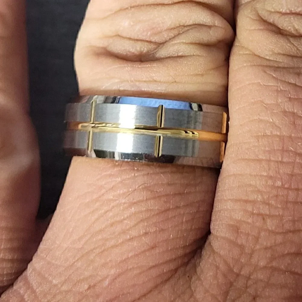 Men's Real Tungsten Promise Ring Brushed Steel 14k Gold Grooves - Guy's Ring